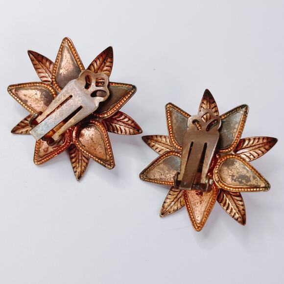 VTG 50s Mid Century Earrings Confetti Lucite Starburst Clip On Copper Finish - Picture 7 of 11